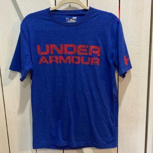 Under armour blue red spellout logo tee small